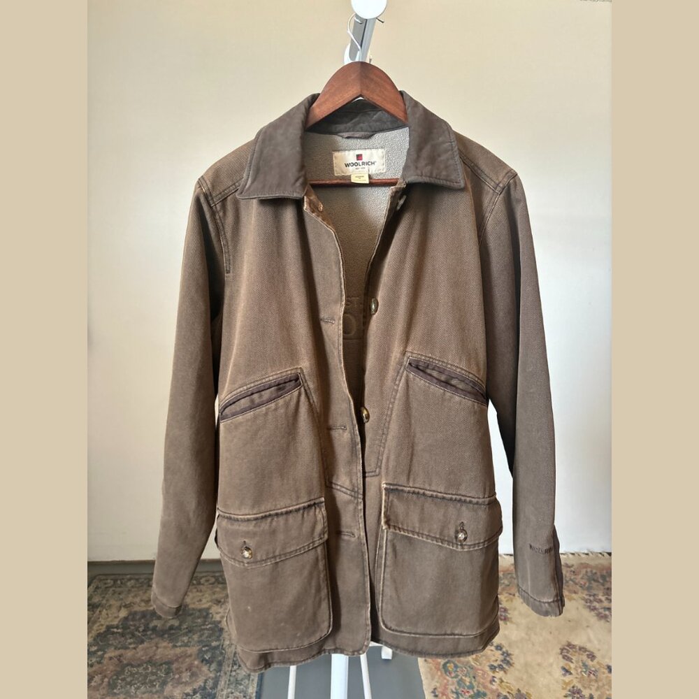 Woolrich Women's M Fleece lined Barn Chore Coat Jacket - Cotton w Leather collar